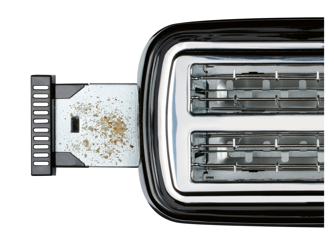 Crumbs on the crumb tray of a black two-slice toaster.
