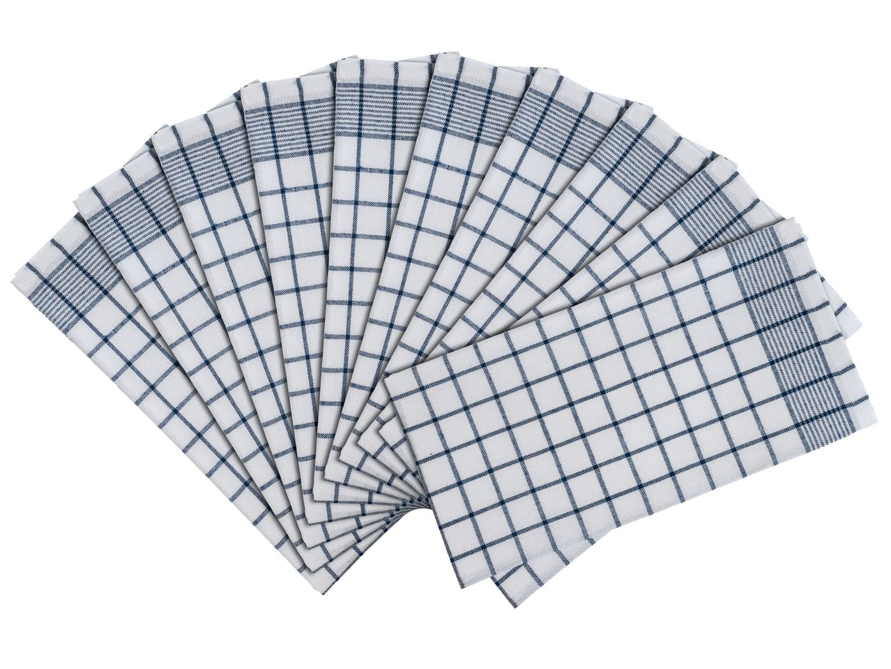 A fan-shaped arrangement of ten white kitchen towels with a navy blue gingham pattern.