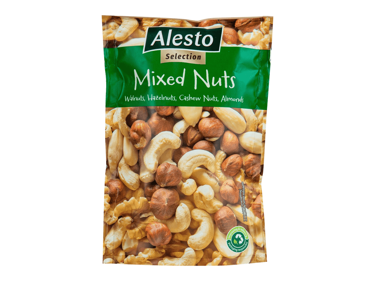 Alesto Selection - Sekoitetut pähkinät: saksanpähkinät, hasselpähkinät, cashew-pähkinät ja mantelit.