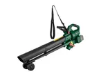 Green and black leaf blower with wheels and a shoulder strap