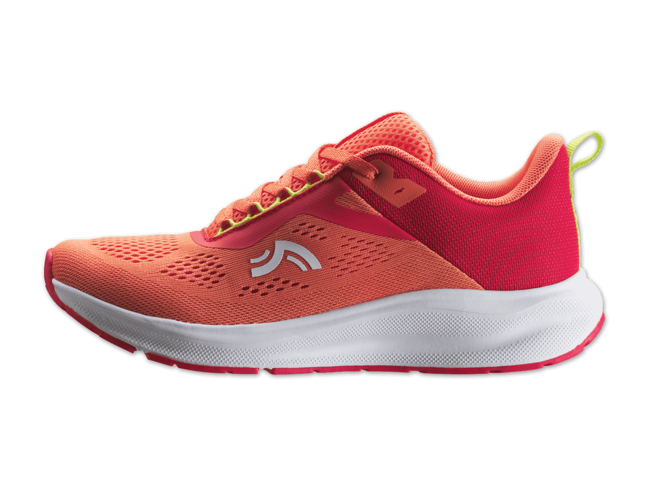 Orangefarbener Sportschuh mit weißer Sohle und neongelben Akzenten auf schwarzem Hintergrund.
