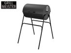 Black barrel grill with a lid, handle, and air vent, on a stand, with 'GRILL MEISTER' text.