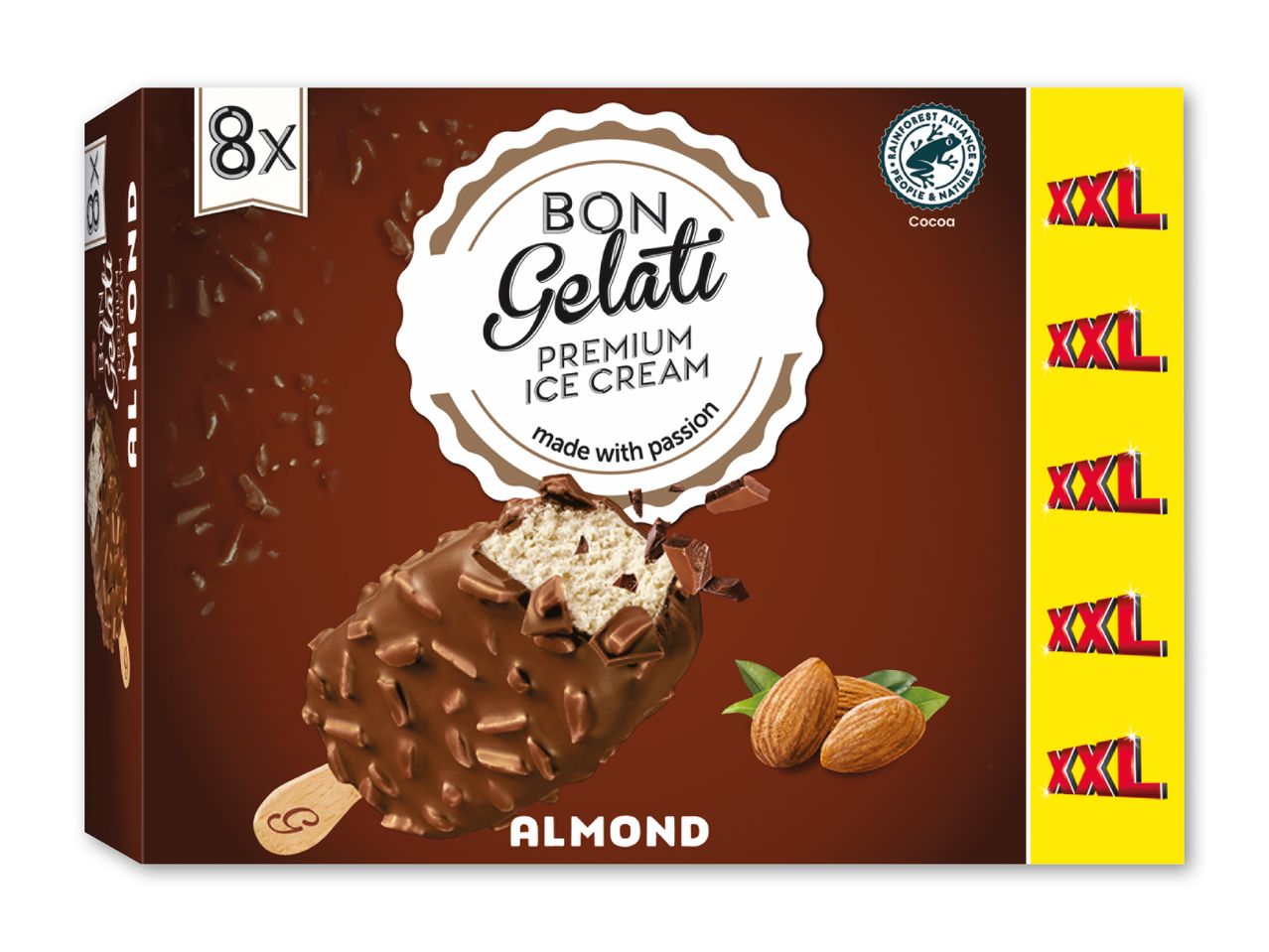 Pakke med 8 mandelis med chokoladeovertræk, mærket 'XXL' og 'lavet med passion'.