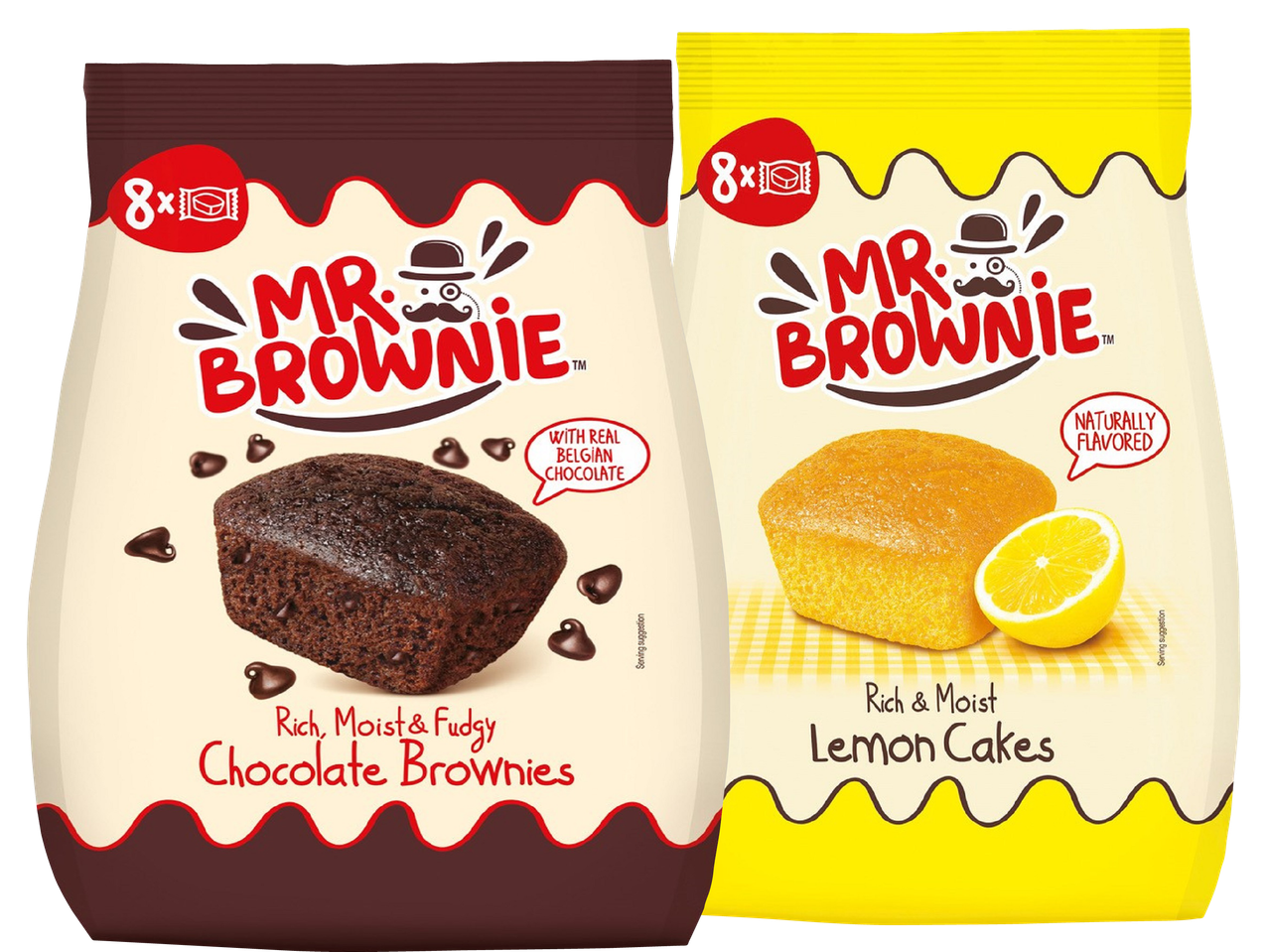 Två påsar Mr. Brownie bakverk: choklad brownies och citronkakor.