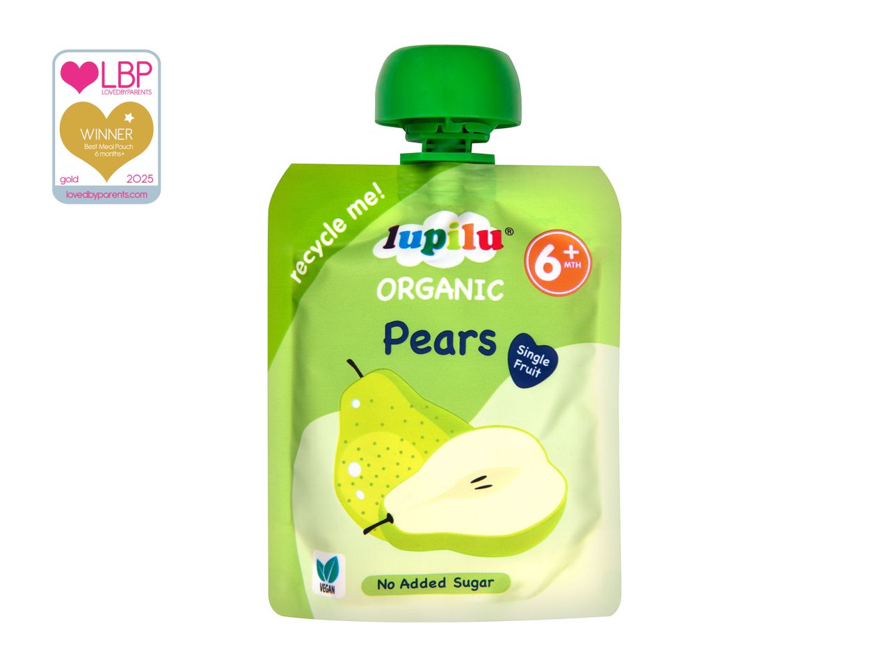 A pouch of Hipp Organic Pears baby food, suitable for babies aged 6+ months.