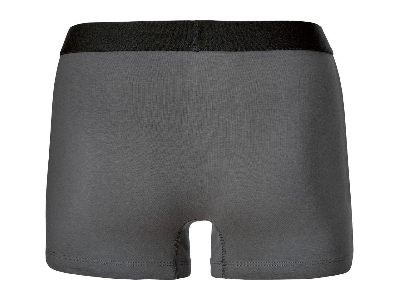 Dark gray men's boxer briefs with a black waistband, back view.