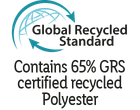 Global Recycled Standard logo with text: Contains 65% GRS certified recycled Polyester.