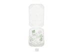 A clear plastic container filled with white adhesive cable clips, with one clip outside.