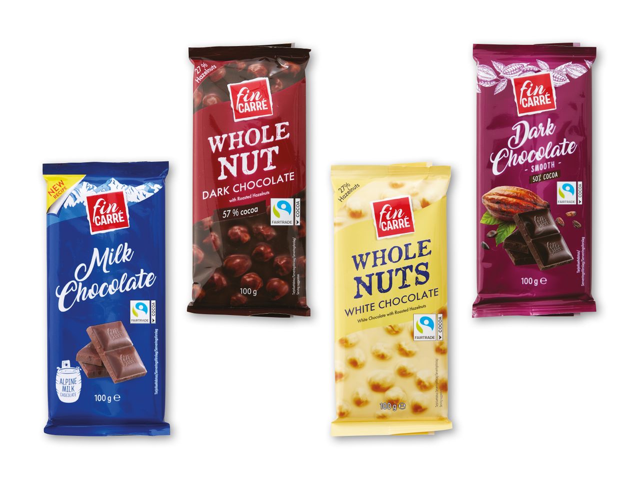 Fire chokoladeplader: mælkechokolade, mørk chokolade med hele nødder, hvid chokolade med hele nødder og mørk chokolade.