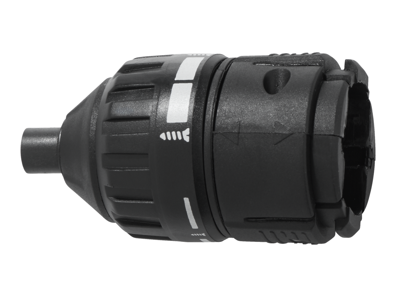 Adaptador de ferramenta preto com marcações brancas e setas