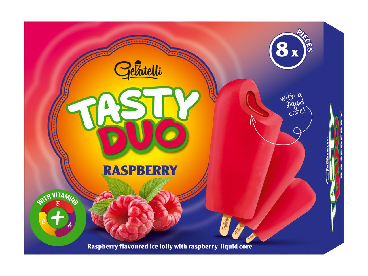 Pakovanje od 8 sladoleda Glace Tasty Duo ukusa maline.