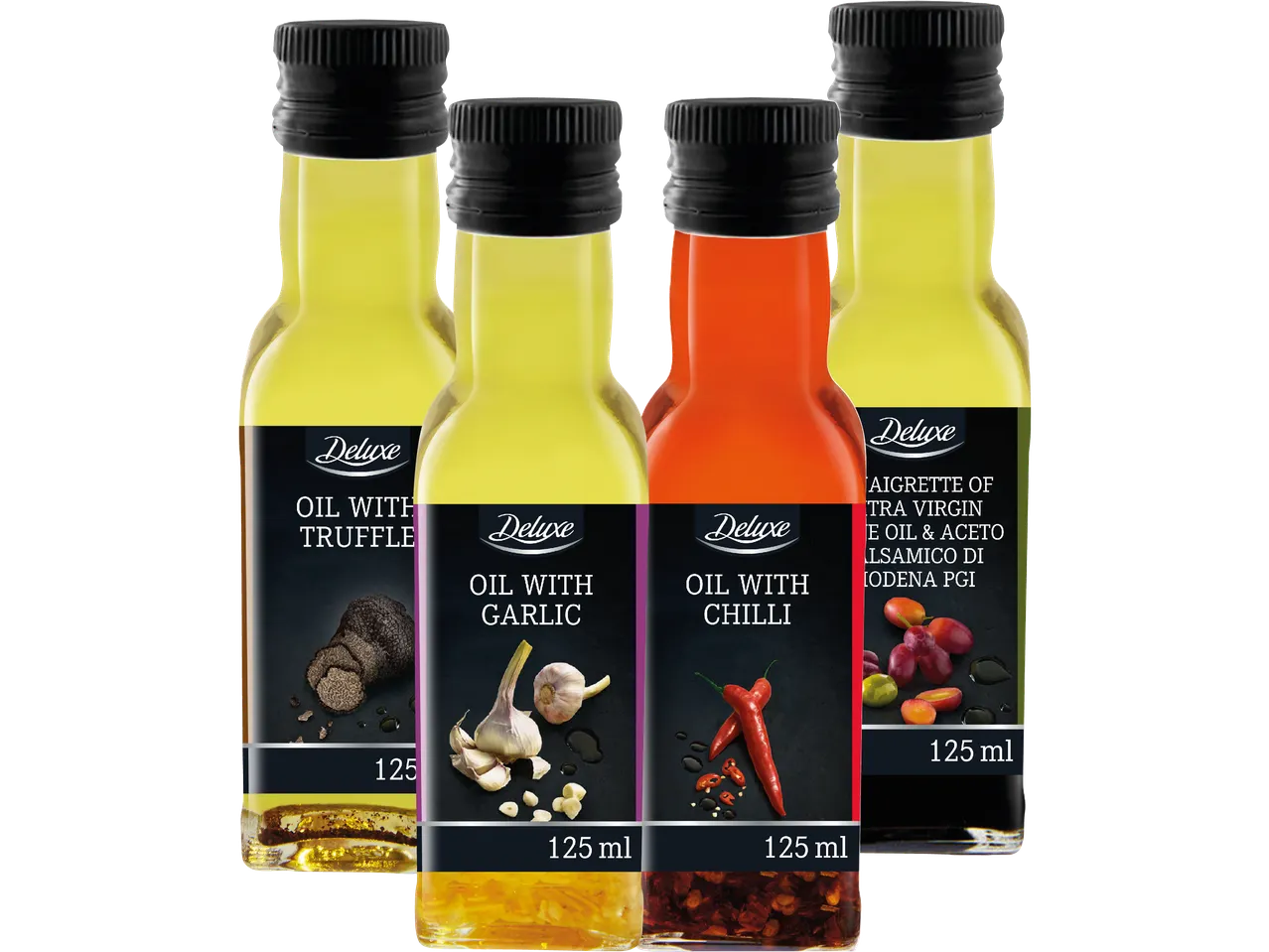Fyra flaskor med smaksatt olja: tryffel, vitlök, chili och en vinägrett med balsamvinäger.