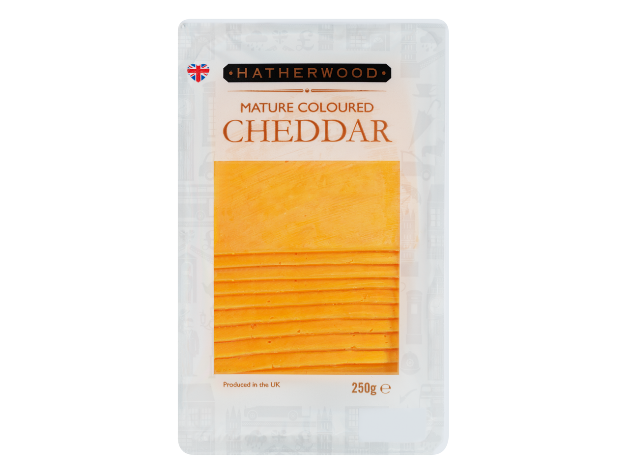 Hatherwood Érett Színezett Cheddar sajt szeletek, 250g, Union Jack szívvel.
