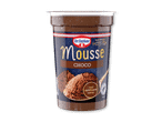 Chokolademousse i en kop med teksten 'Nyt design, Samme smag' og 'med certificeret kakao'.