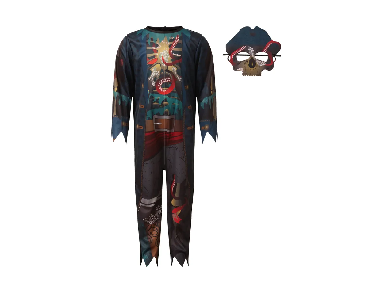 Pirate zombie costume with a jumpsuit featuring an octopus design and a matching skull mask.