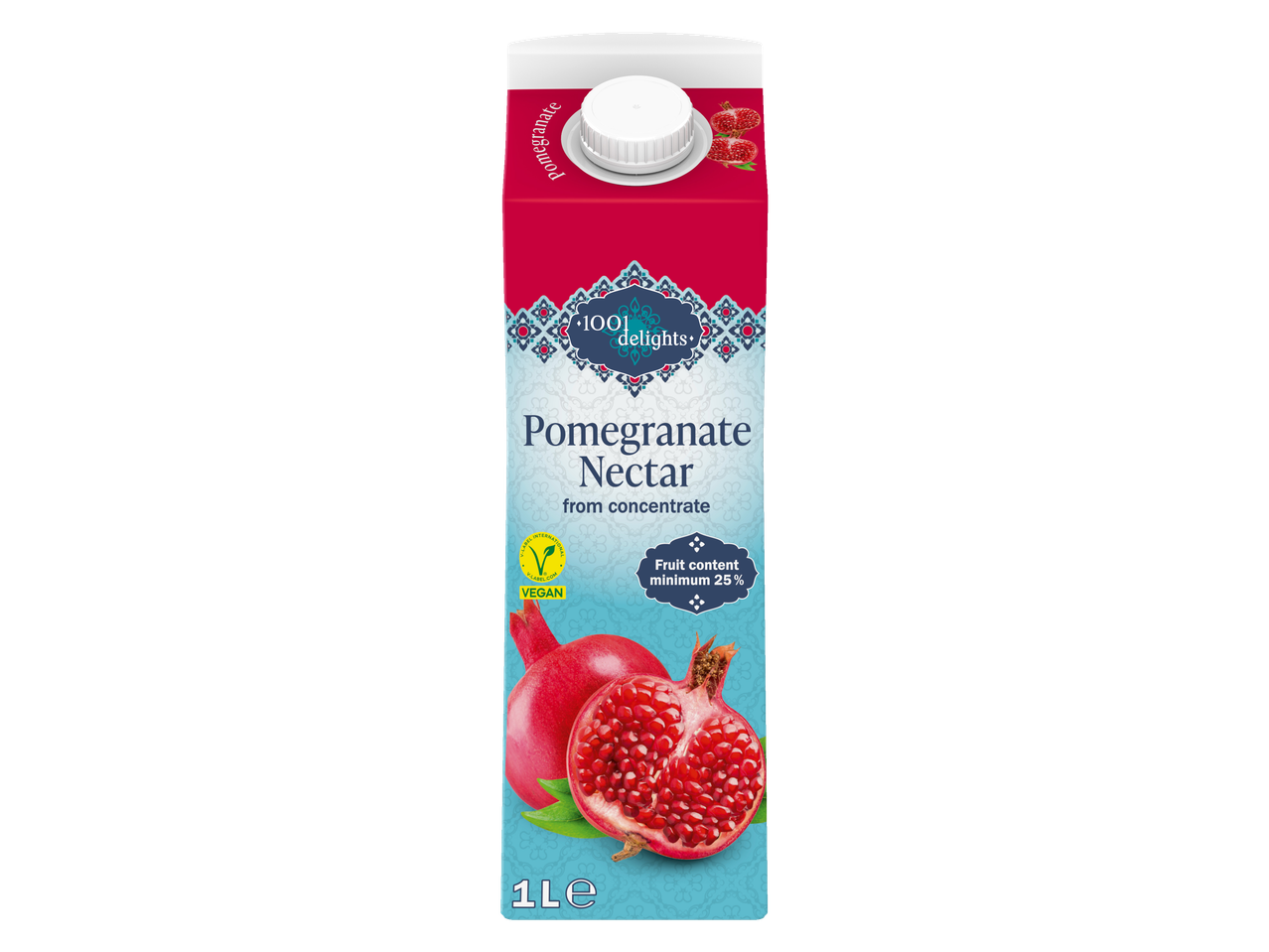 Pomegranate Nectar carton with a vegan label and 25% fruit content, 1L.