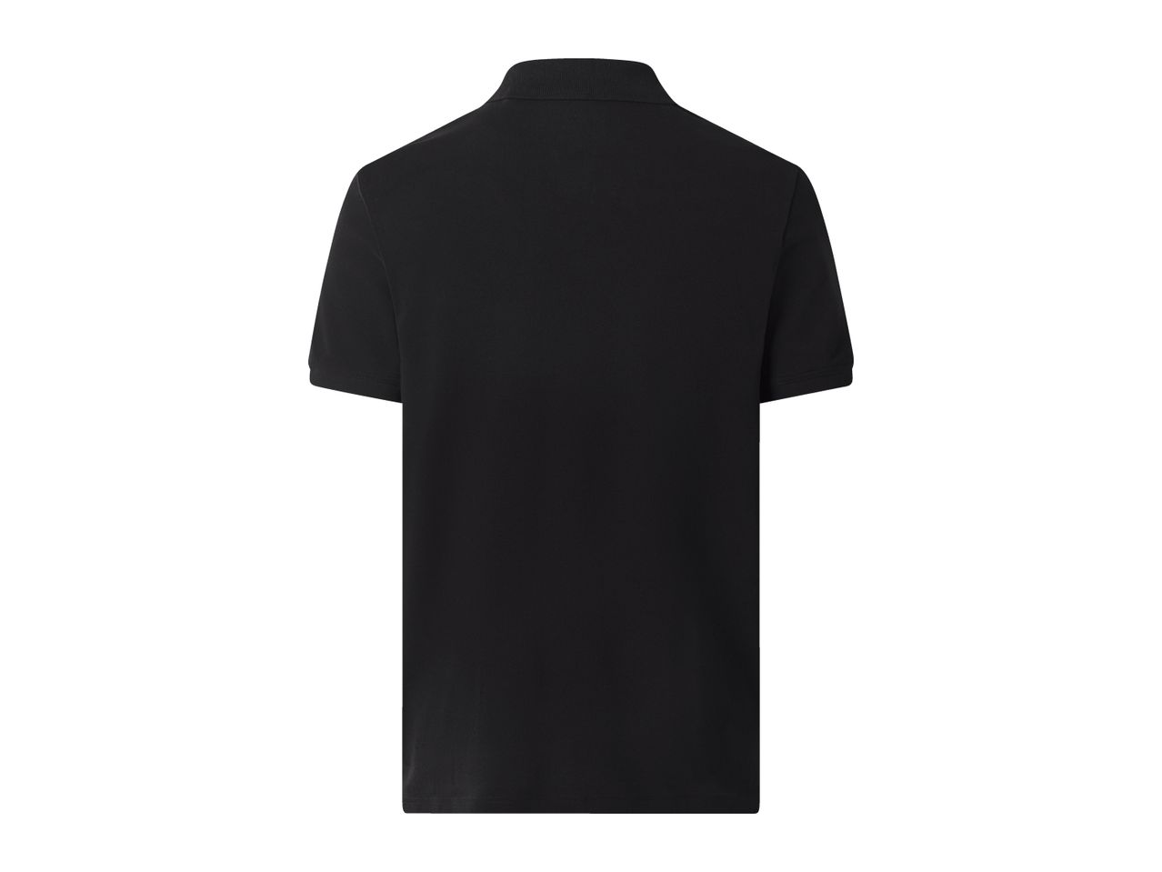 Back view of a plain black short-sleeved polo shirt with a ribbed collar.