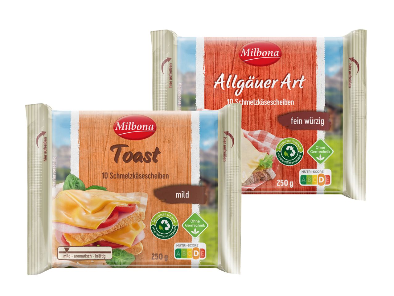 Zwei Milbona Schmelzkäse-Packungen: Allgäuer Art (fein würzig) und Toast (mild).