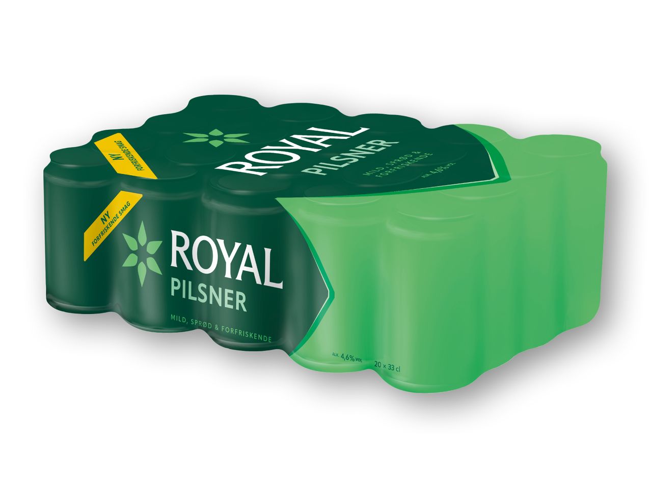 En 20-pakke pilsnerøl i grøn indpakning med teksten 'NY FORFRISKENDE SMAG'.