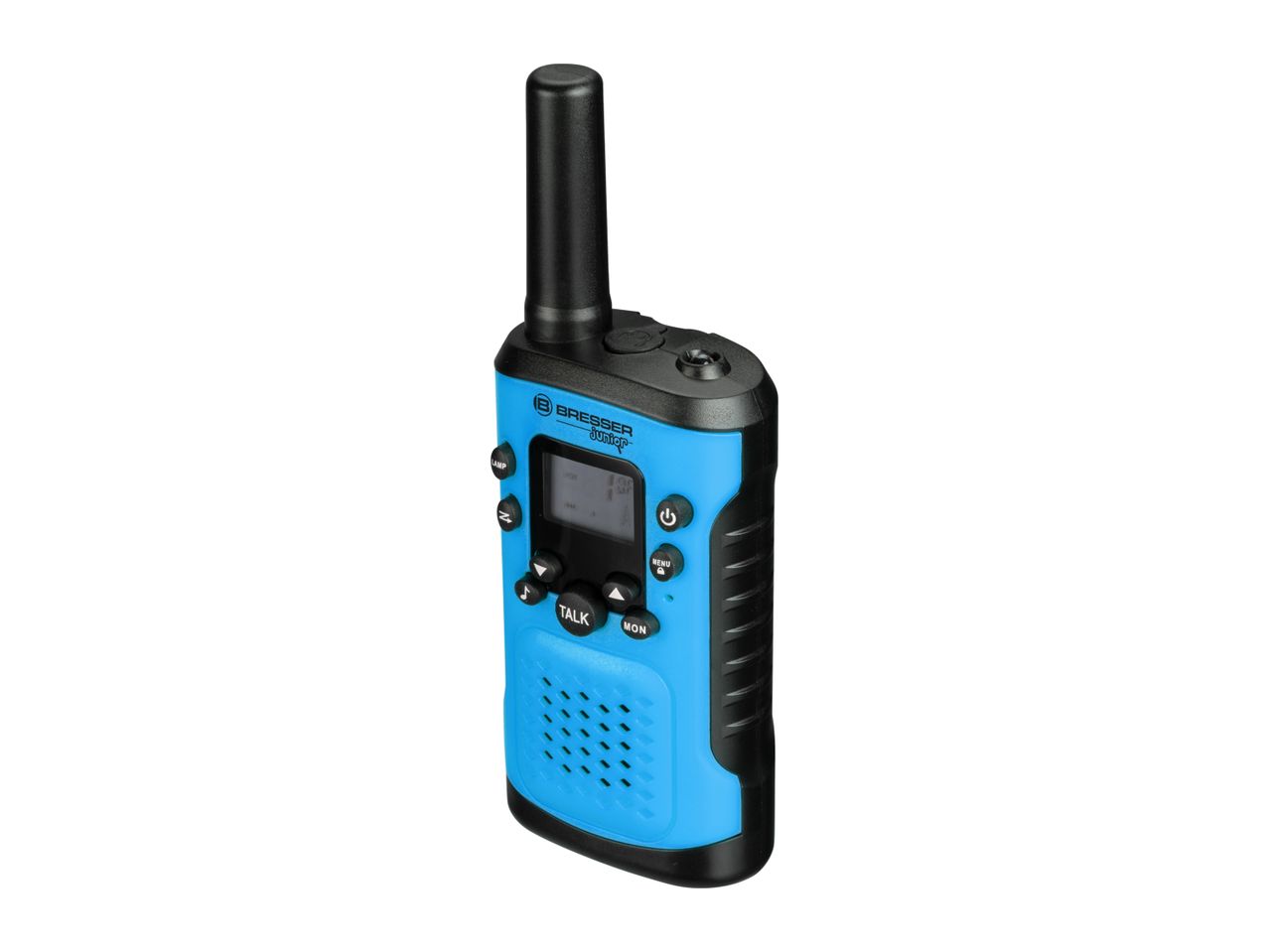 Blue and black walkie-talkie with an antenna, screen, and various buttons