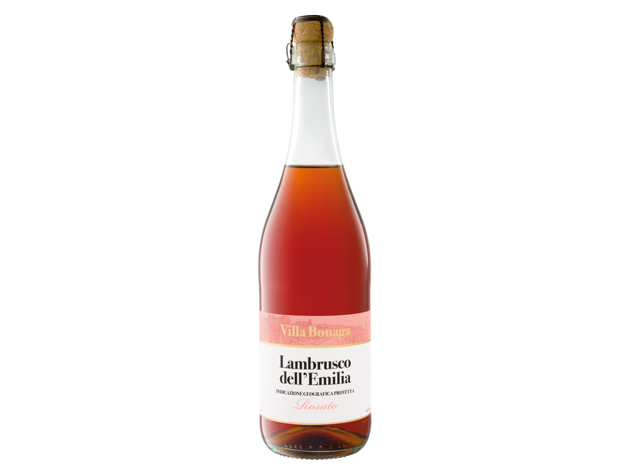 Garrafa de Lambrusco dell'Emilia Rosato Villa Bonaga em fundo preto