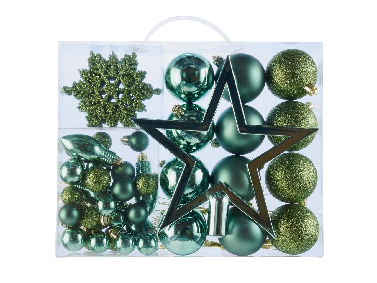 Set di decorazioni natalizie verdi con palline, fiocco di neve e stella.