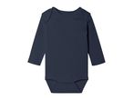 Dark blue long-sleeved baby bodysuit with snap closures