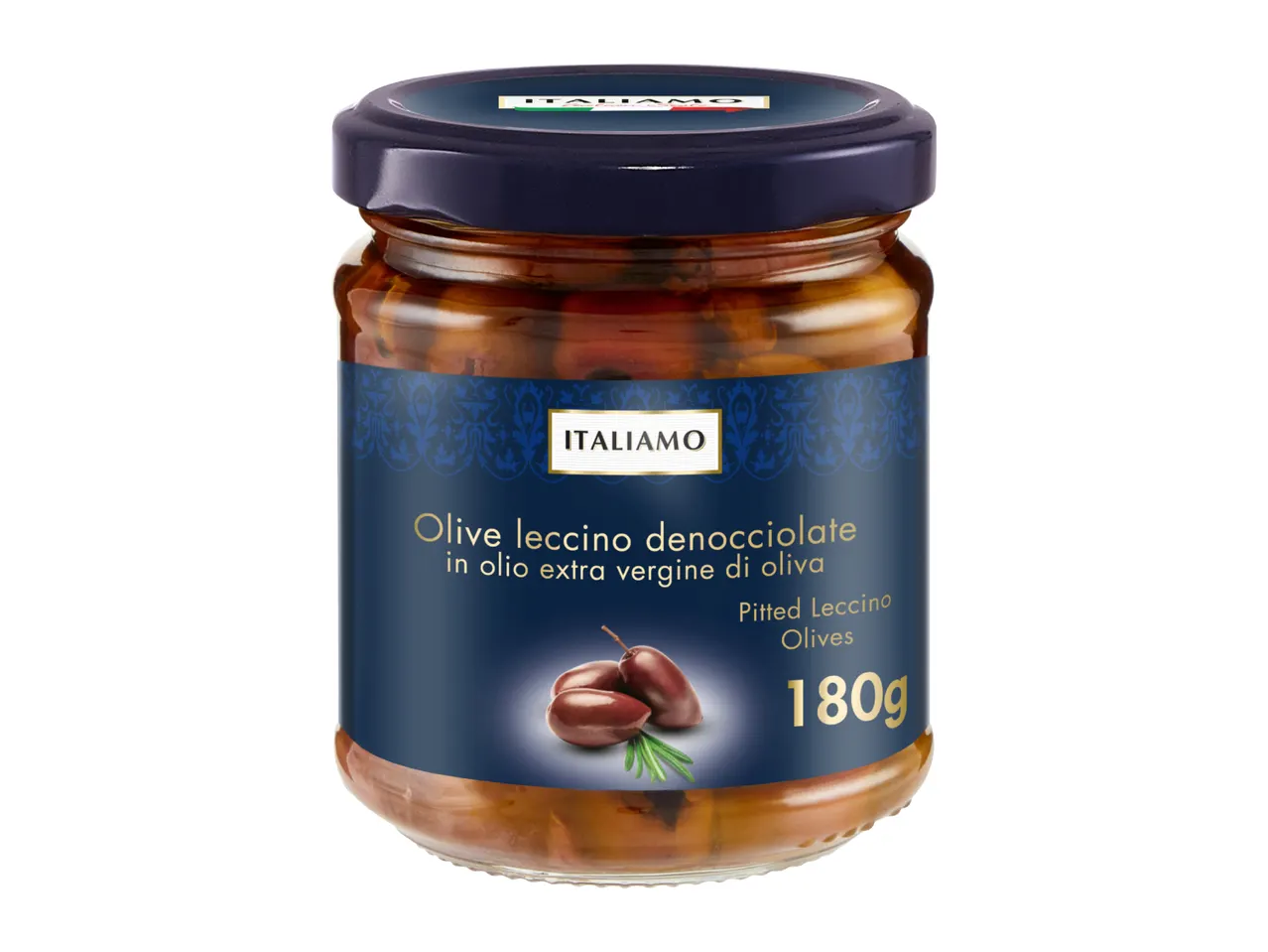Jar of pitted Leccino olives in extra virgin olive oil, 180g.