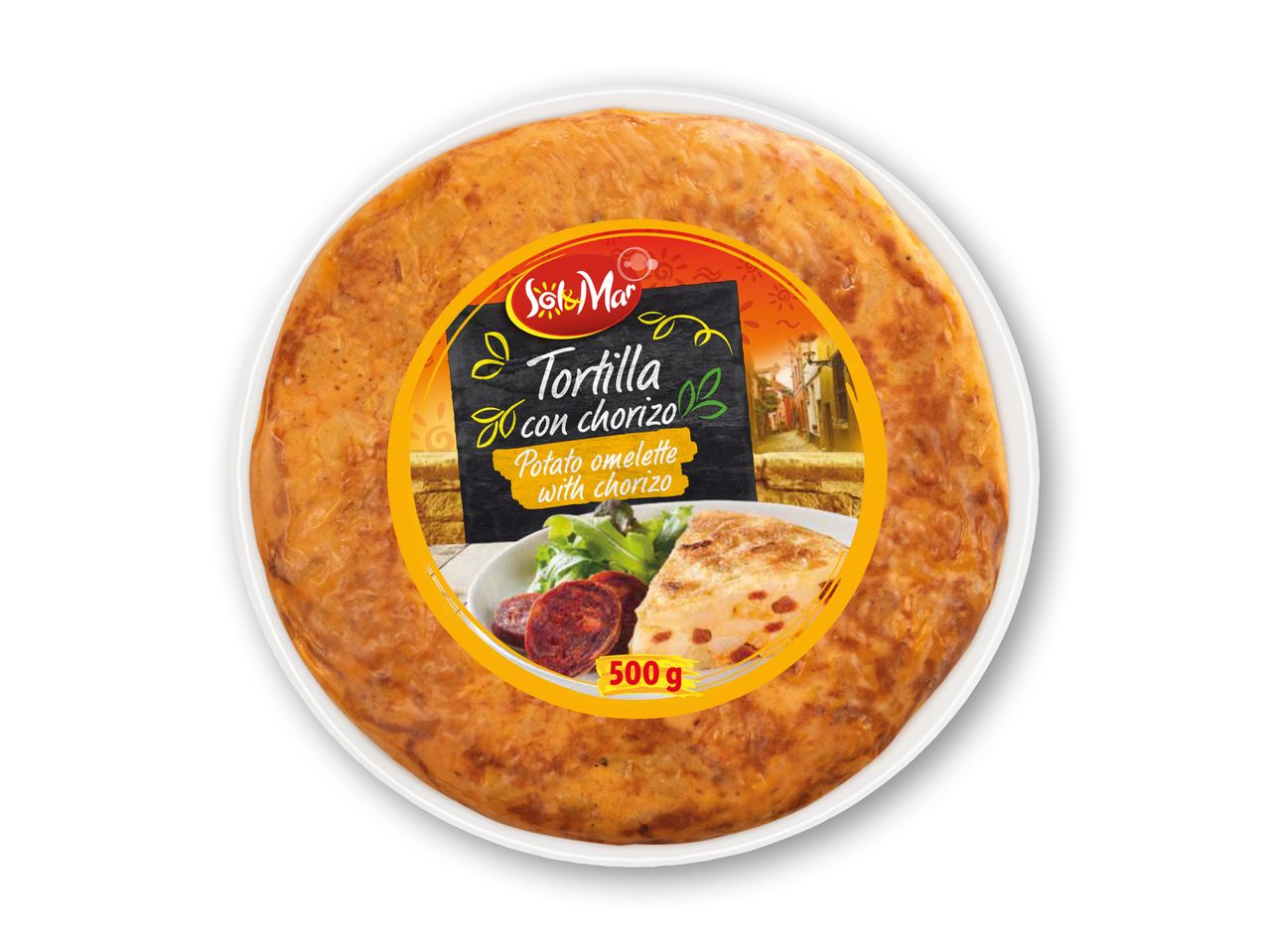 Sol&Mar Tortilla con chorizo, en 500g portion af spansk kartoffelomelet med chorizo.