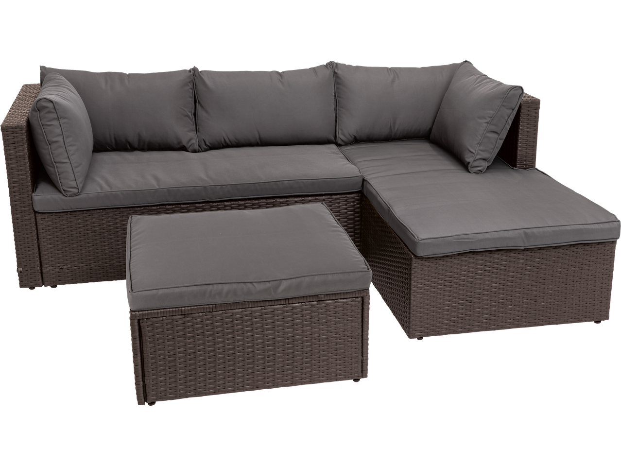 Brown rattan corner sofa with dark grey cushions and matching ottoman.