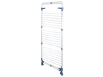 White and blue vertical clothes drying rack with multiple tiers and wheels.