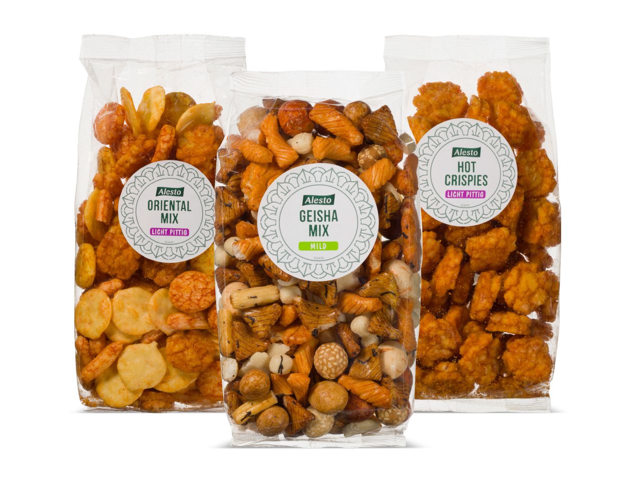 Aleste snacks: Oriental Mix, Geisha Mix en Hot Crispies.