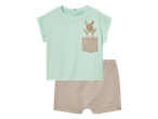 Dječji komplet: menta zelena majica kratkih rukava s klokanom u džepu i bež kratke hlače.