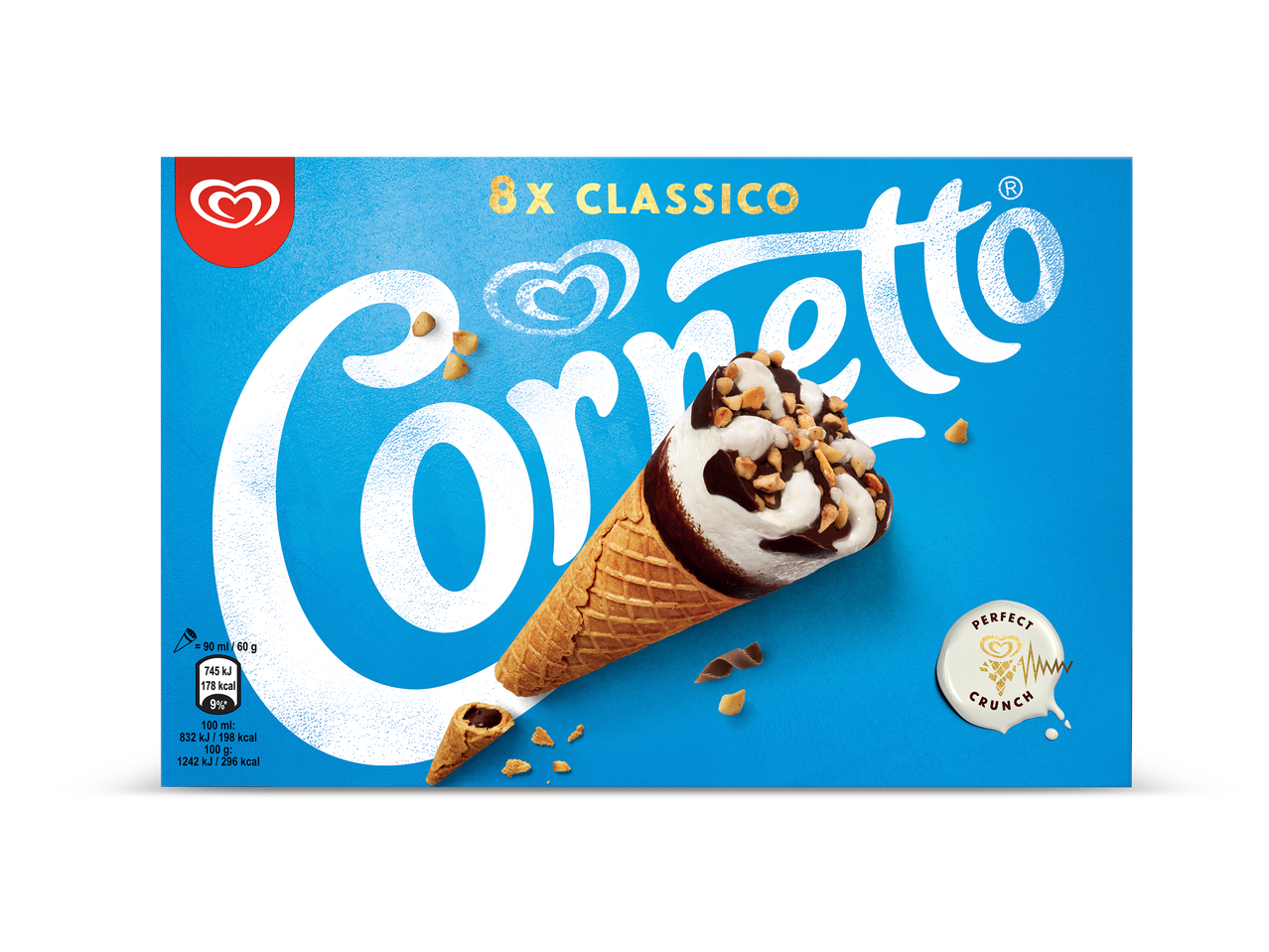 Cornetto Classico ijsjes in een doos met 8 stuks, met voedingsinformatie en de tekst 'Perfect Crunch'.