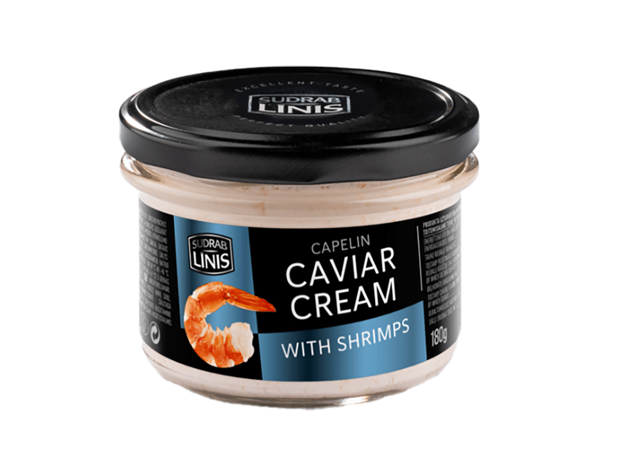 Klaaspurk kreemja kalamarjaga, millel on sildil kreveti pilt ja tekst 'Capelin Caviar Cream with Shrimps 180g'.