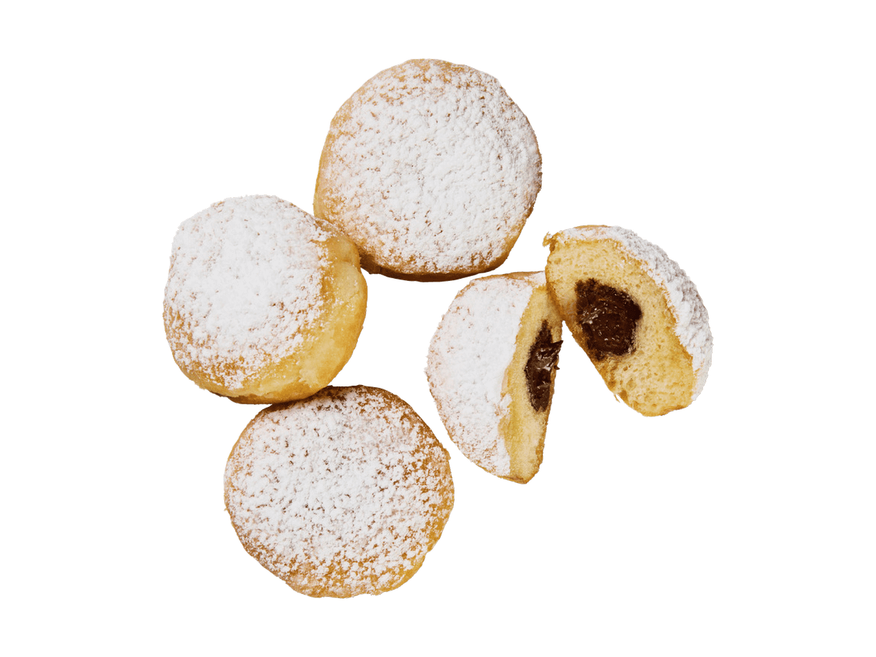 Mit Schokolade gefüllte Krapfen, mit Puderzucker bestreut, auf schwarzem Hintergrund.