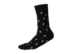 Black sock with a pattern of small, snow-covered pine trees