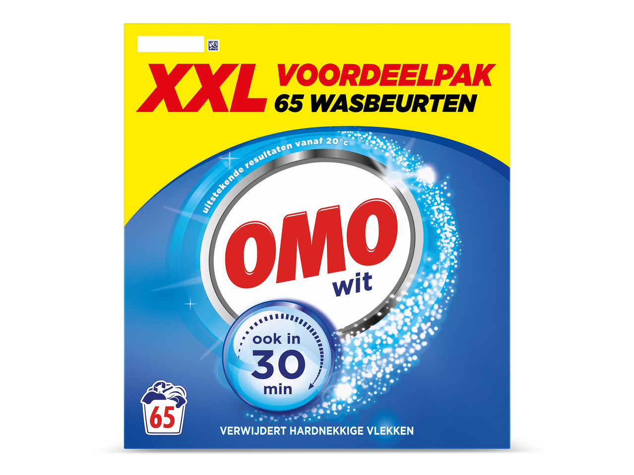 Grootverpakking wasmiddel voor 65 wasbeurten, verwijdert hardnekkige vlekken in 30 minuten.