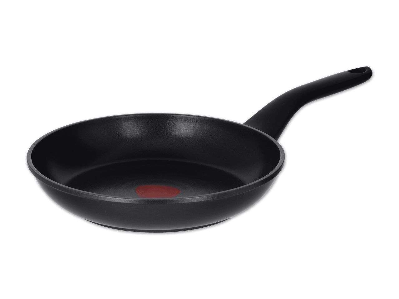 Schwarze Tefal Bratpfanne mit rotem Thermo-Spot auf schwarzem Hintergrund
