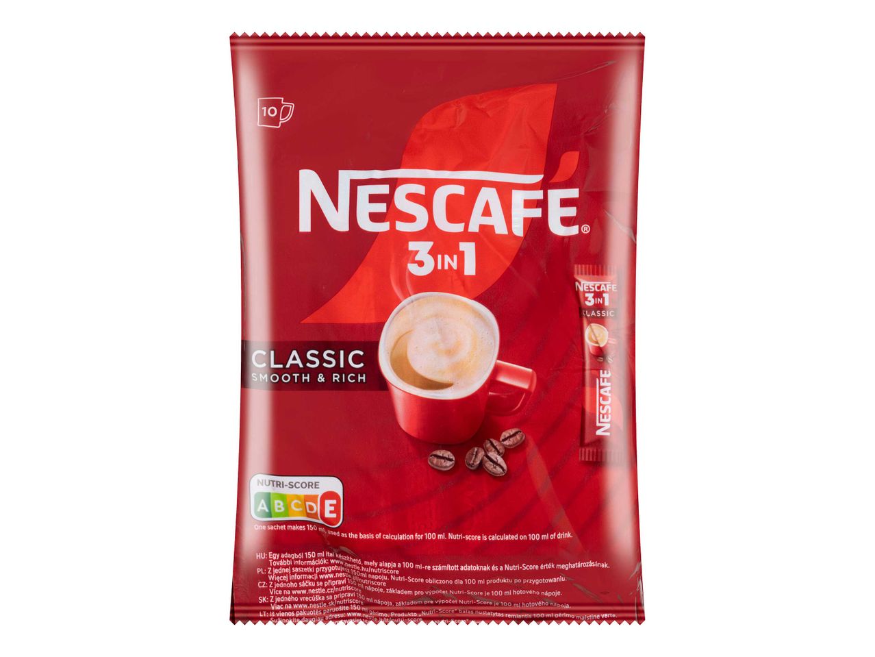 Nescafe 3in1 Classic kávépor csomagolása, Nutri-Score címkével.