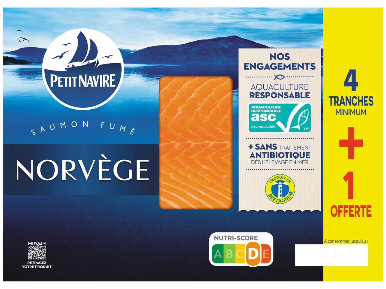 Emballage de saumon fumé Petit Navire de Norvège, avec Nutri-Score D et 4 tranches minimum.