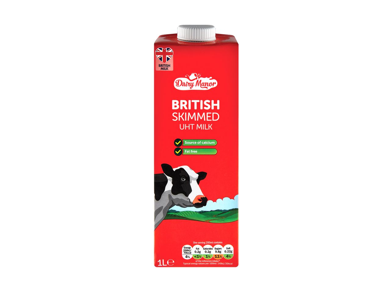 Dairy Manor British skimmed UHT milk, fat-free.