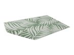 Green and white outdoor rug with a palm leaf pattern, folded at one end.