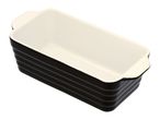 Black and white rectangular ceramic baking dish with ribbed sides