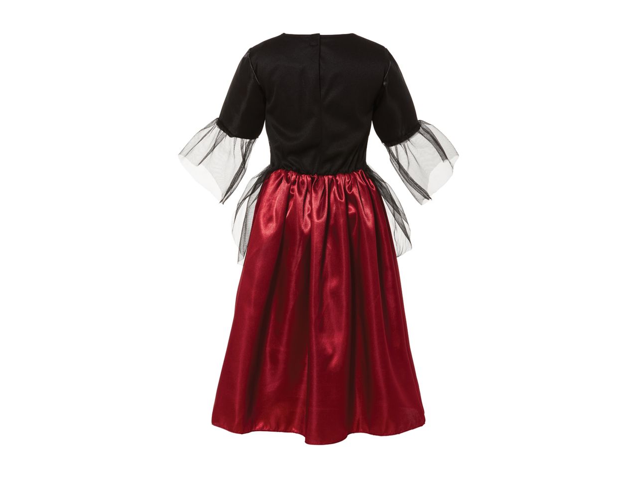 Back view of a black and red medieval-style dress with sheer sleeves.