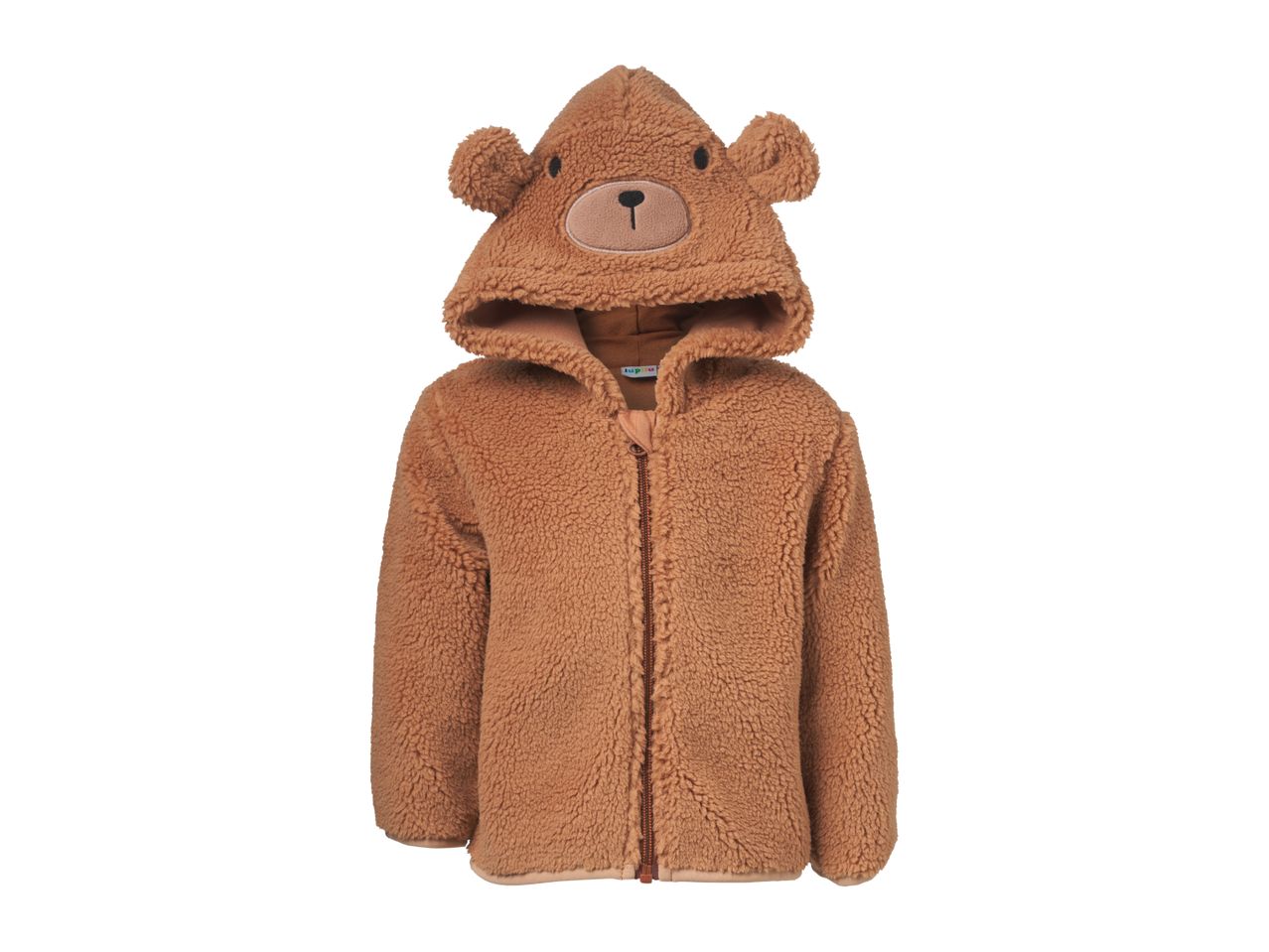Brown teddy bear hooded fleece jacket for children with a zipper.