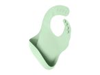 Light green silicone baby bib with a crumb catcher pocket and adjustable neck fasteners.