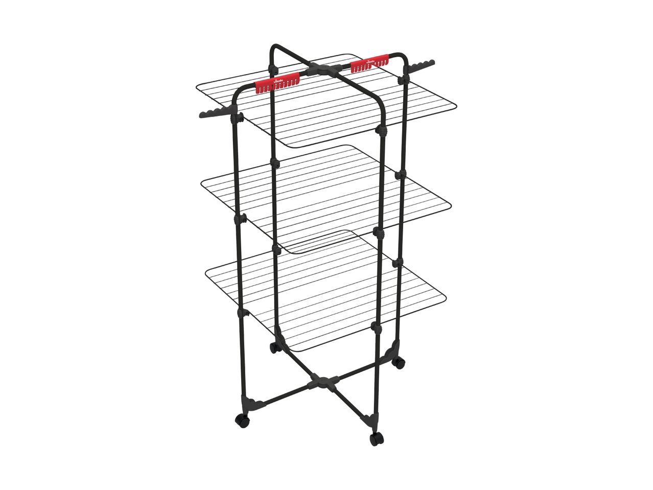 A Vileda three-tier clothes drying rack with wheels.