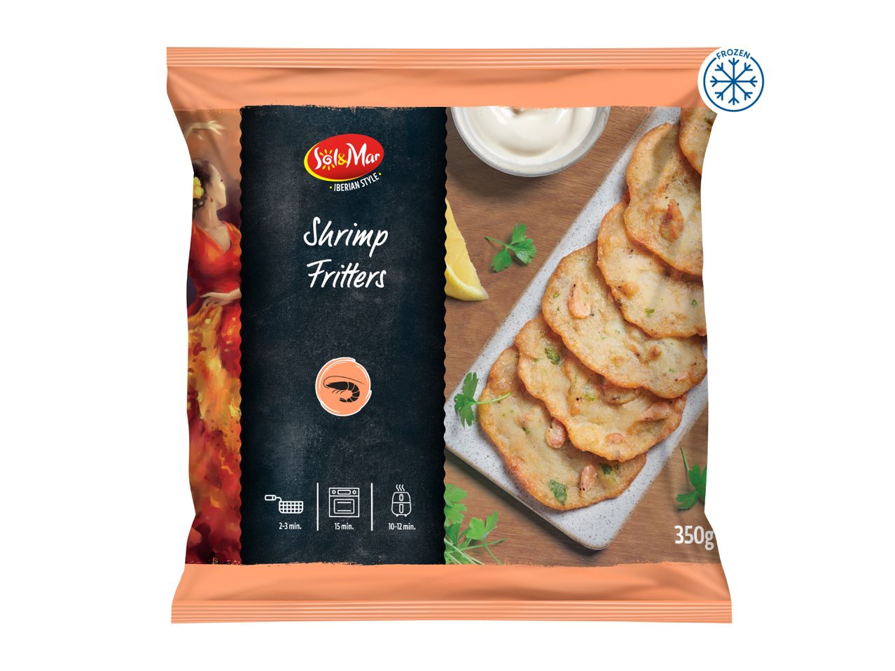 Frozen shrimp fritters with cooking instructions, served with lemon and mayonnaise, 350g.