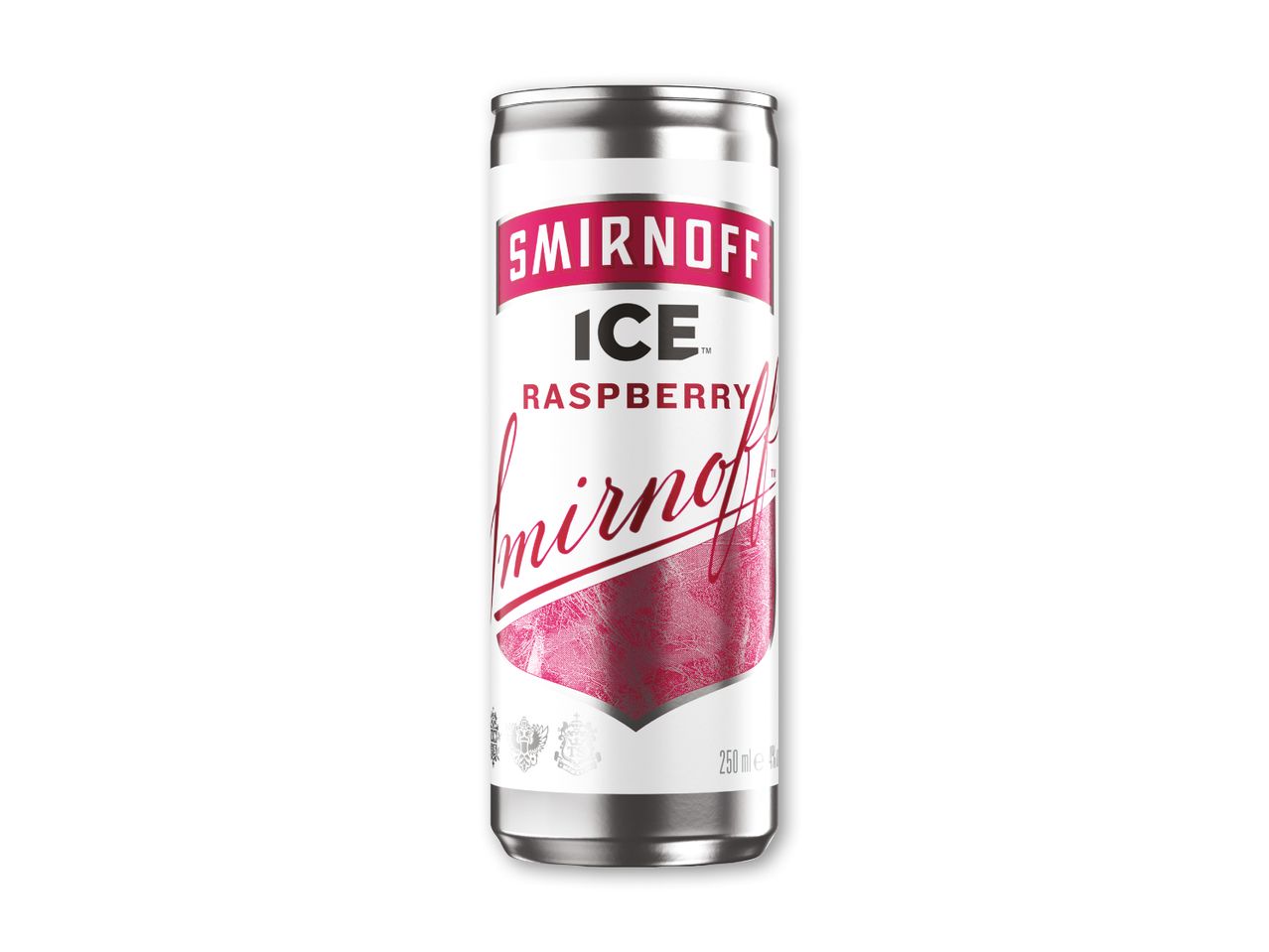 En Smirnoff Ice Raspberry dåse på 250 ml.